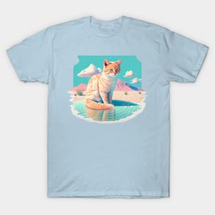 Cute Cat Relaxing on the Beach Near the Mountain T-Shirt